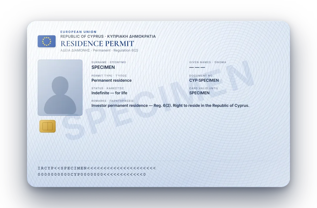 The European residence card you receive — a Republic of Cyprus biometric permanent-residence permit (illustrative specimen)