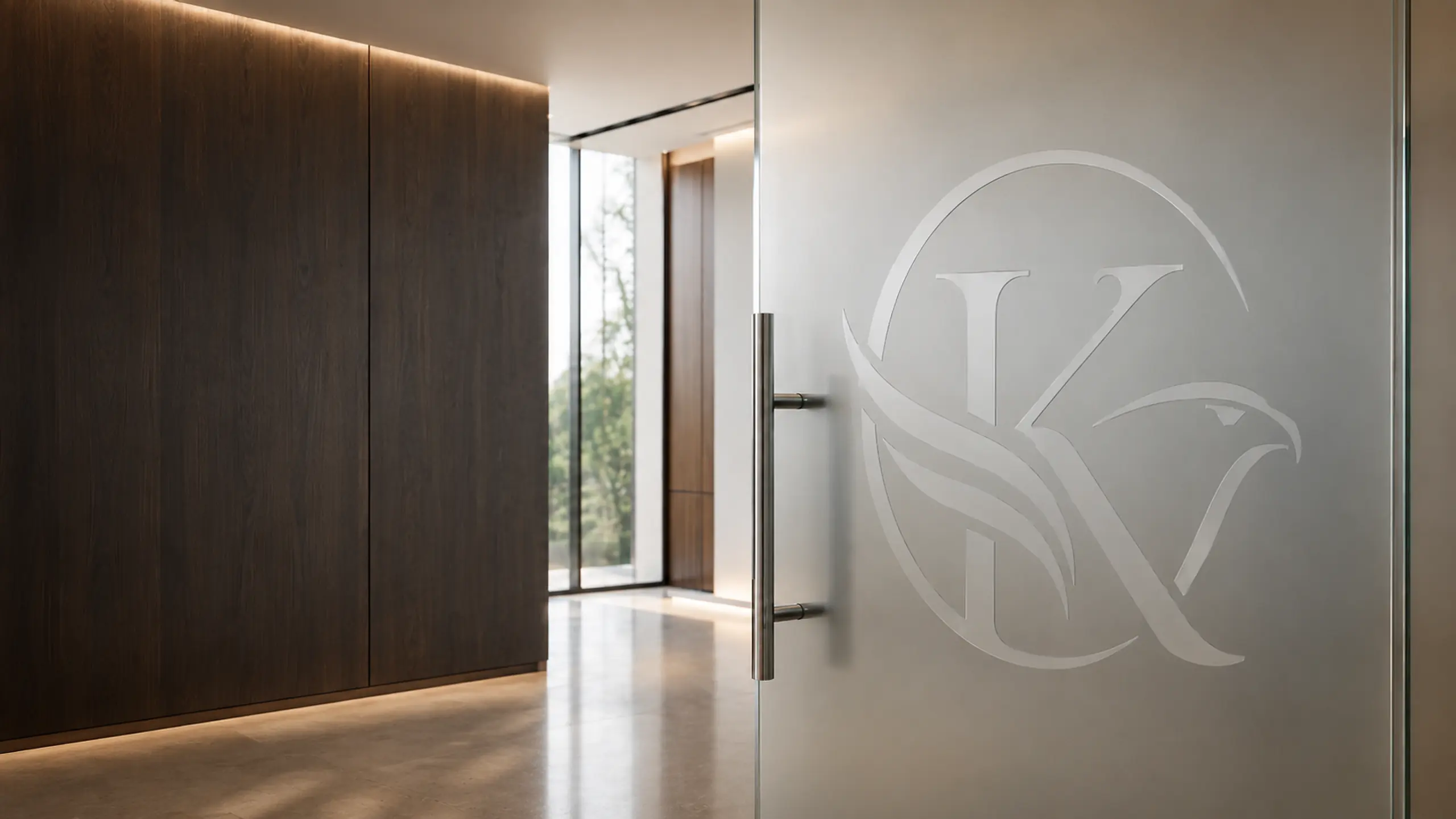 The Kestrel mark etched into the glass door of a private-client office