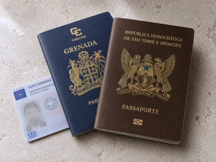 A Grenada passport, a São Tomé and Príncipe passport and a Greek residence permit