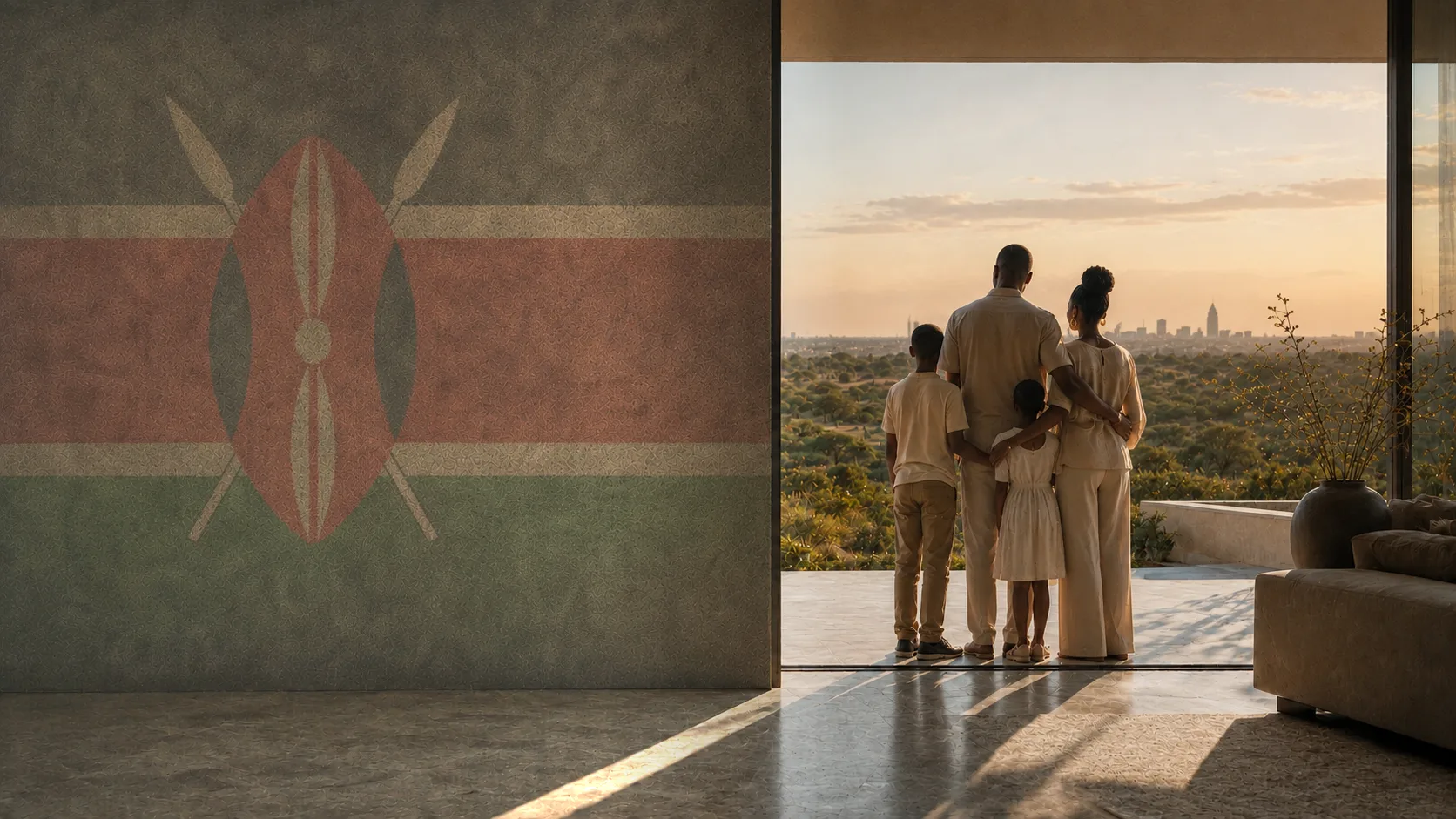 A Kenyan family looking from a contemporary European home toward the Nairobi skyline, beside a softly painted Kenyan flag mural