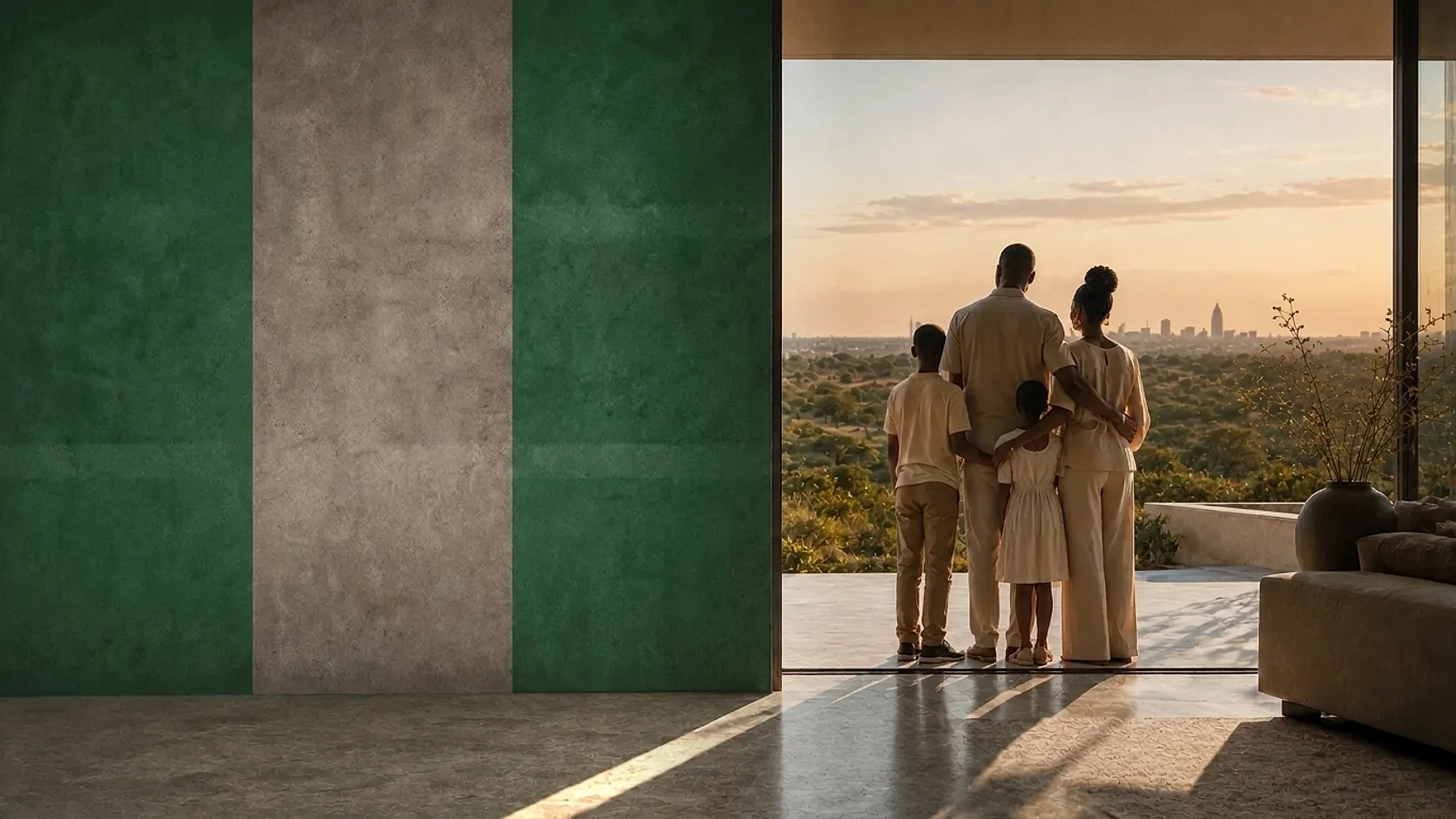 A Nigerian family looking from a contemporary European home toward a distant city skyline, beside a weathered Nigerian flag mural