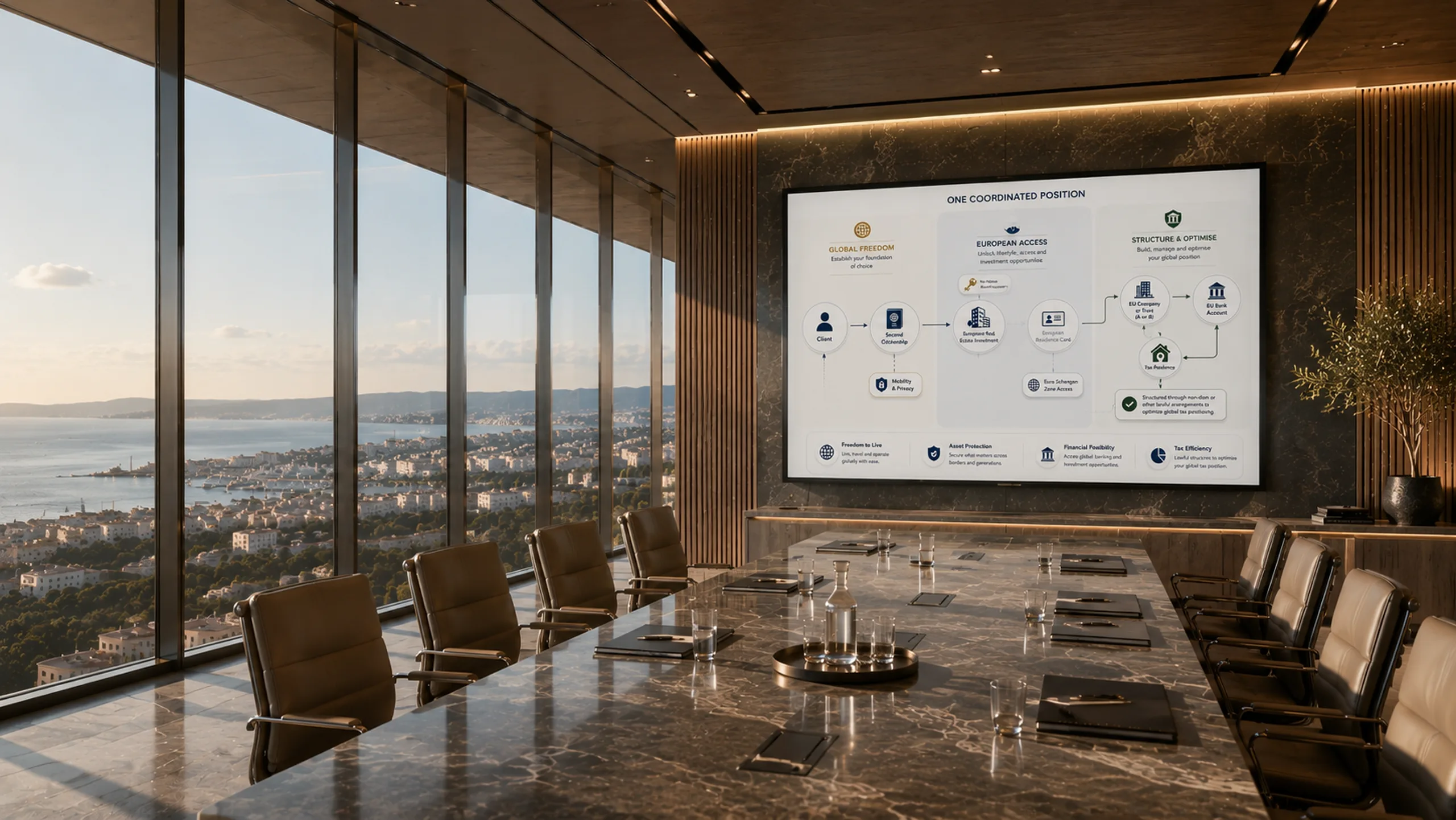 A private meeting room set for a client briefing, the boardroom screen behind it showing the stages of a coordinated international position