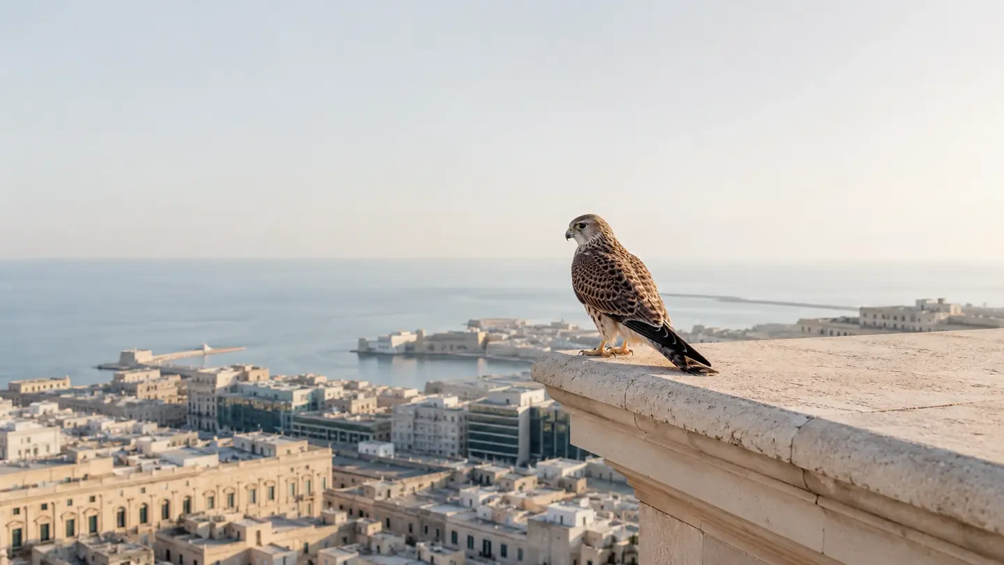 A kestrel on a high stone ledge, looking out over a city and the sea