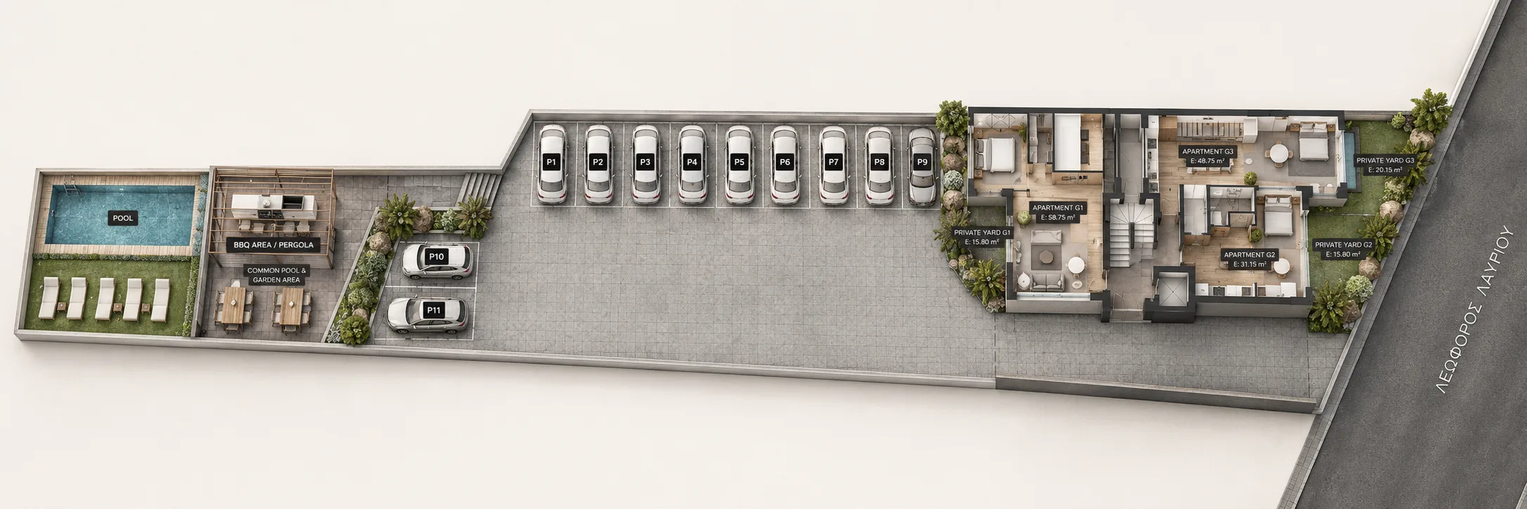 Lopes Residences site plan — 11 parking spaces, private yards, and the shared pool and garden